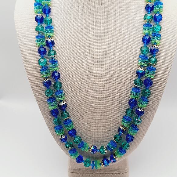 Vintage Hong Kong Early Plastic Two Strand Beaded Necklace, Green Blue Beads - Picture 2 of 10